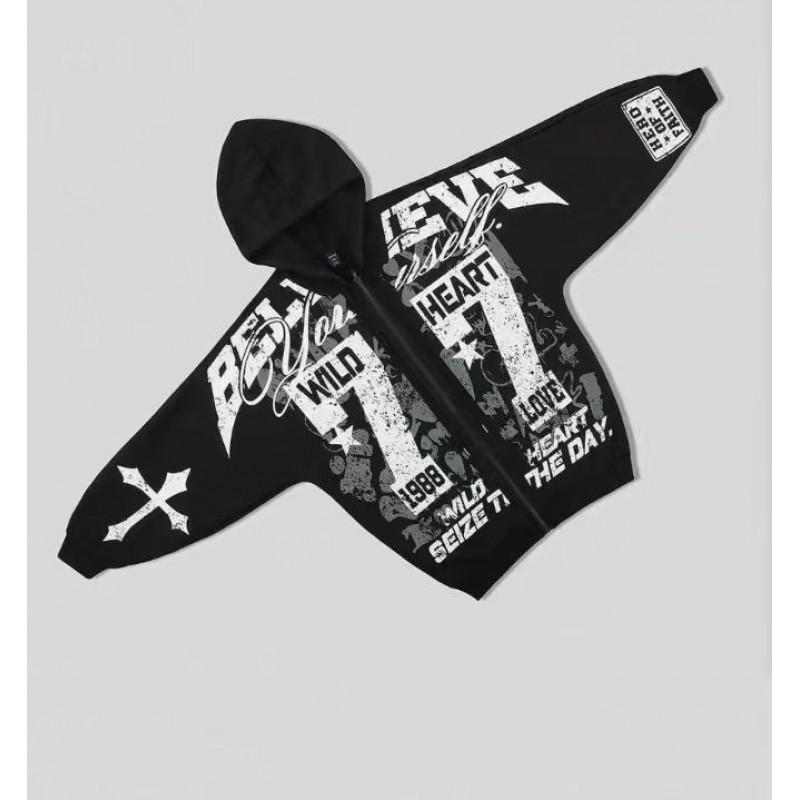 Oversized Hooded Zip-Up Sweatshirt With 3D Cross Letter Print Streetwear Unisex Casual Top