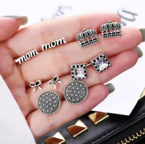 Retro Crown Bow Ear Studs - 5 Pairs Trendy European & American Fashion Jewelry