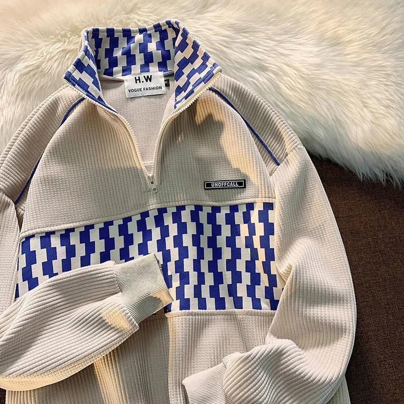 Unisex Retro Checkered Half-Zip Waffle Sweatshirt - Trendy and Loose for Autumn