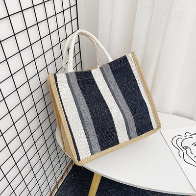 Women's Bag Cotton and Linen Large-capacity Shoulder Portable Tote Bag 2025 New Line Striped Contrasting Color Handbag
