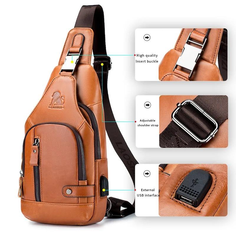 New 100% Genuine Leather Chest Bag Men's Fashion Style Casual Crossbody Bags With USB Large Capacity Men's Shoulder Bag