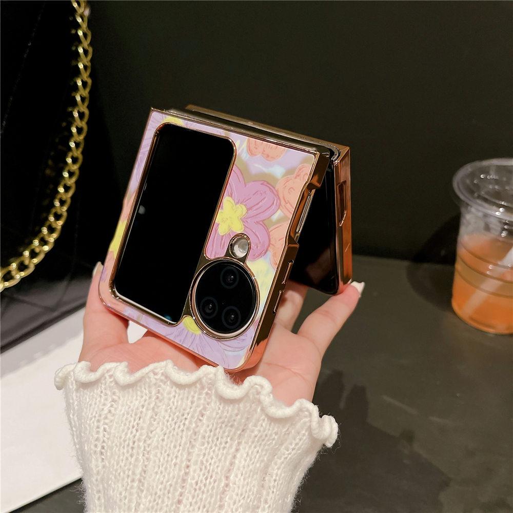 Luxury Gold Plating Painting Flower Case For OPPO Find N3 Flip Find N2 Flip Shockproof Hard Back Cover Fundas