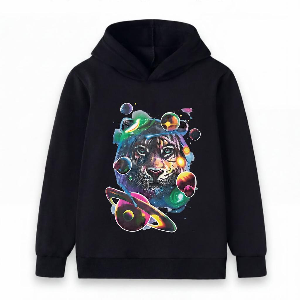 Kids Boys Girls Pullover Hoodie, Psychedelic Galaxy Tiger Print Casual Warm Long Sleeve Hooded Sweatshirt with Space Planets Pattern for Children Dail