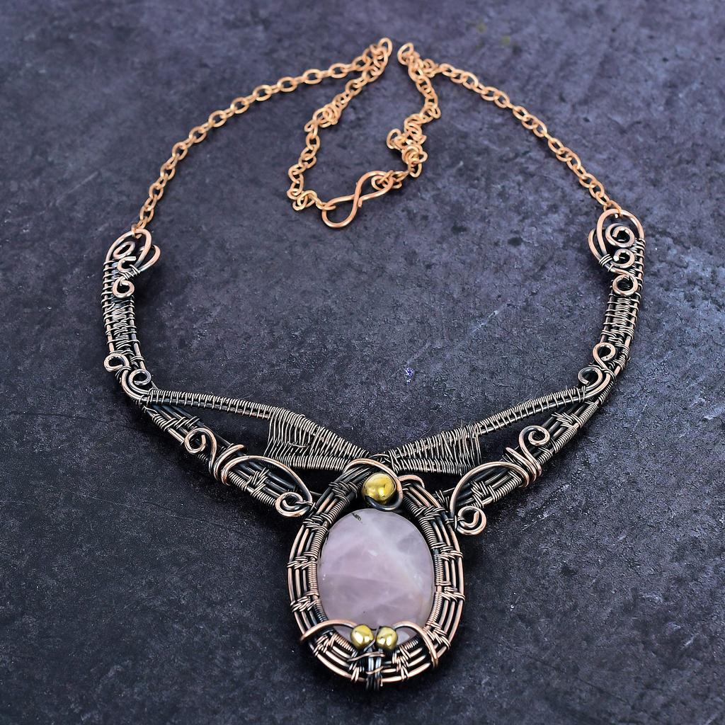Rose Quartz Gemstone Handmade Copper Wire Wrap Jewelry Necklace 18" ET-4945