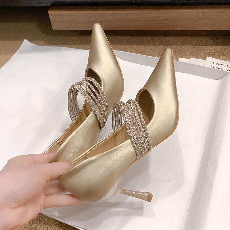 Fashion Slim and Tall Single Shoes Spring Pointed Head Shallow Mouth Crystal Chain Set Foot Anti-slip Wear-resistant High Heels