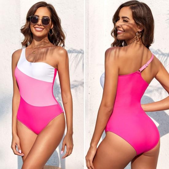 

Yousheng Women Summer Monokini One-piece Color Matching One Shoulder Skinny Elastic Soft Breathable Quick-dry Swimsuit Beachwear Bathing Suit