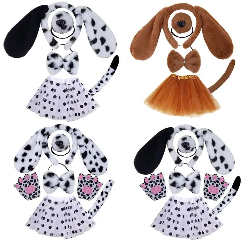 Girls Adult Children Cute Plush Anime Spotted Dog Ears Funny Animal Costume Cosplay Props Headband Skirt Nose Tail