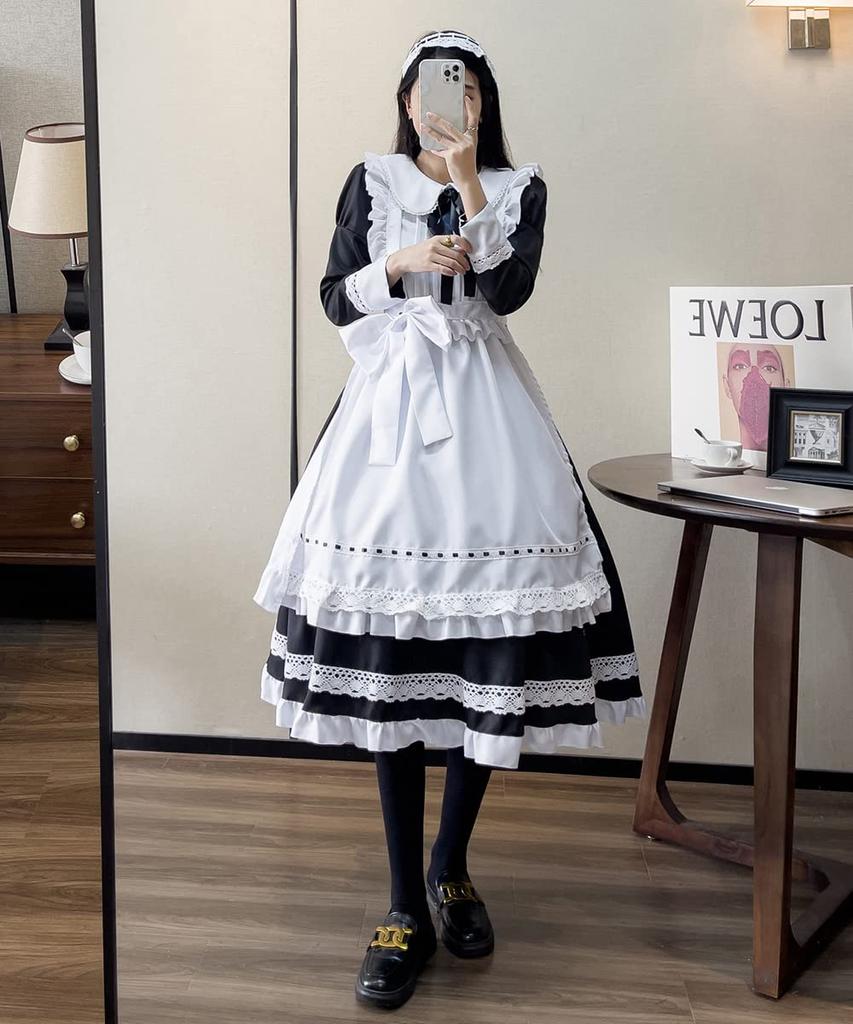 YAISHN Maid Cute Gothic Lolita Authentic Long Halloween Long Bow Performance Set Outfit, Dress, Dress, Popular, Costume, Women's, Cosplay, Sleeves,