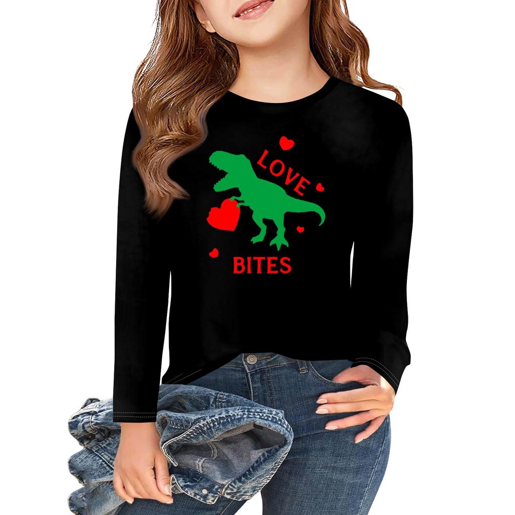 Dziewczęce koszulki z długim rękawem Love na Walentynki, dziecięce jesienne topy, basicowe koszulki z okrągłym dekoltem 5-14L