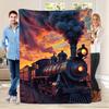 Retro Train Sunset Pattern Flannel Printed Blanket Suitable for All Seasons Suitable for Living Room Office Sofa and Travel