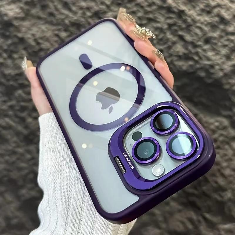 Luxury Magnetic Shockproof Phone Case For iPhone 16 Pro Max 16E 15 14 13 12 11 Plus Pro Funda Stand Glass Lens Protection Cover