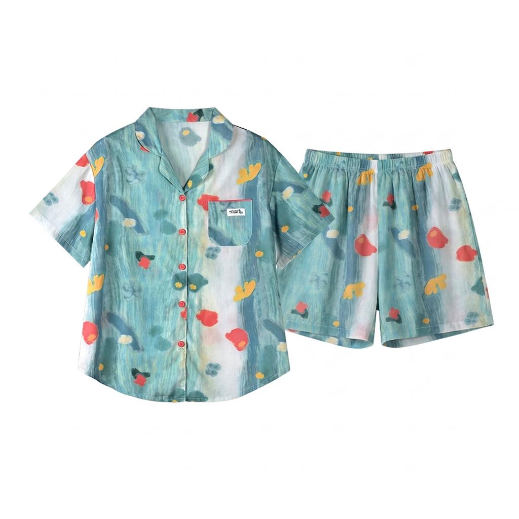 1011 Summer New Lyocell Pajamas Women's Short Sleeve Shorts Flower Print Pastoral Thin Loungewear Set