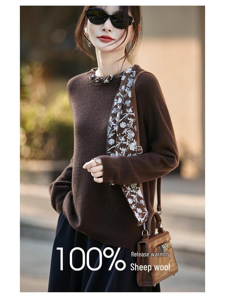 2025 Autumn/Winter Women's Loose Round Neck Ribbon Knit Sweater - Long Sleeve, Cozy Wool Jumper, Elegant Ladies' Top
