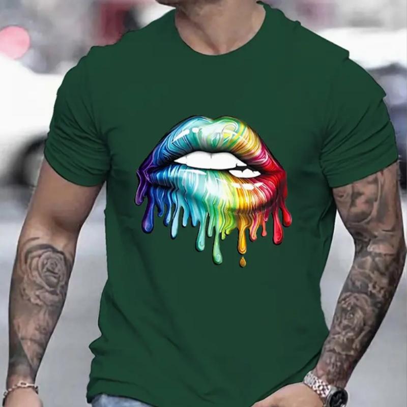 New Summer Men's Fashion T-shirt Personality Painted Lips Printed Men's T-shirt Top