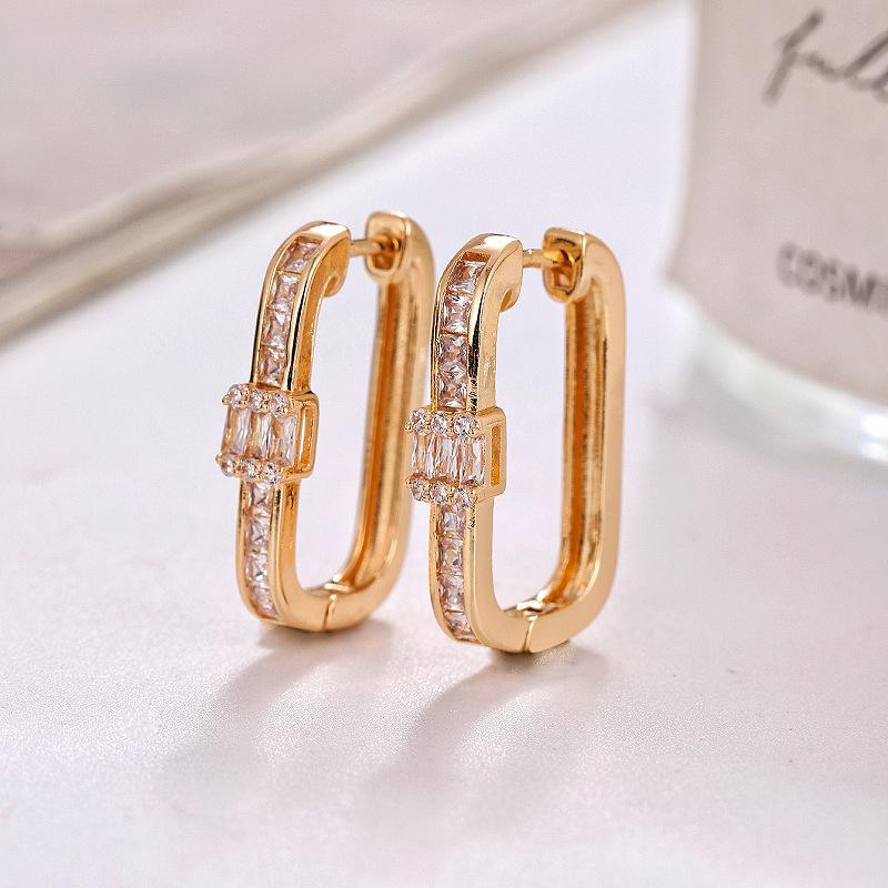 European & American Fashion U-Shaped Copper Gold/Silver Zirconia Earrings, 14K Ear Hoops