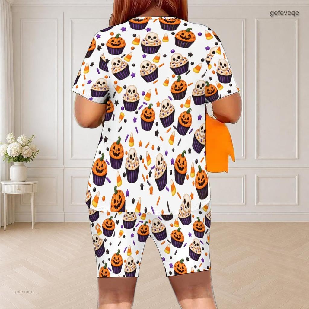Women Plus Size Halloween Printed Round Neck Short Sleeve Top And Fitted Shorts Two Piece Set