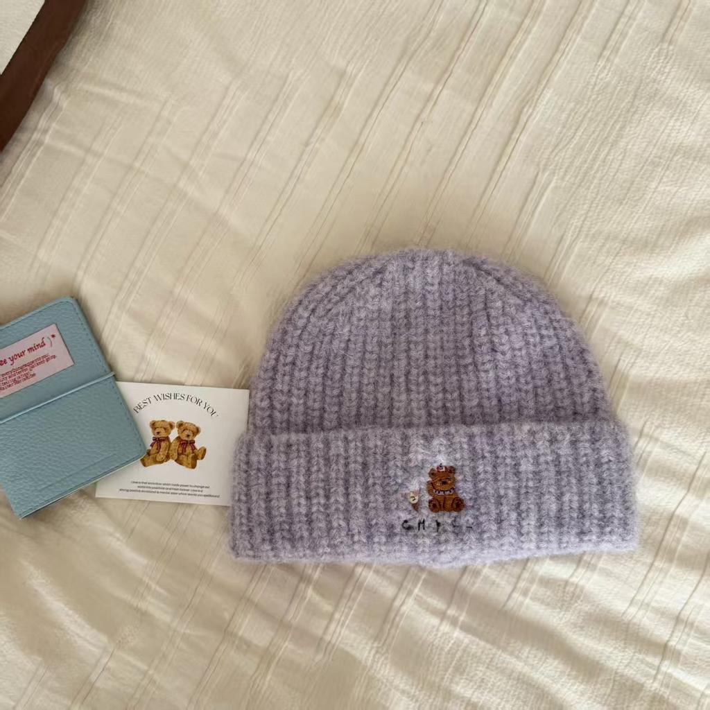 Cute bear embroidered knitted hat women's autumn and winter thickened thermal ear protection hat showing face small cold hat wool hat
