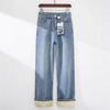 Women's Retro Light Blue Velvet Wide-Leg Jeans, Winter High-Waisted Slimming Pants