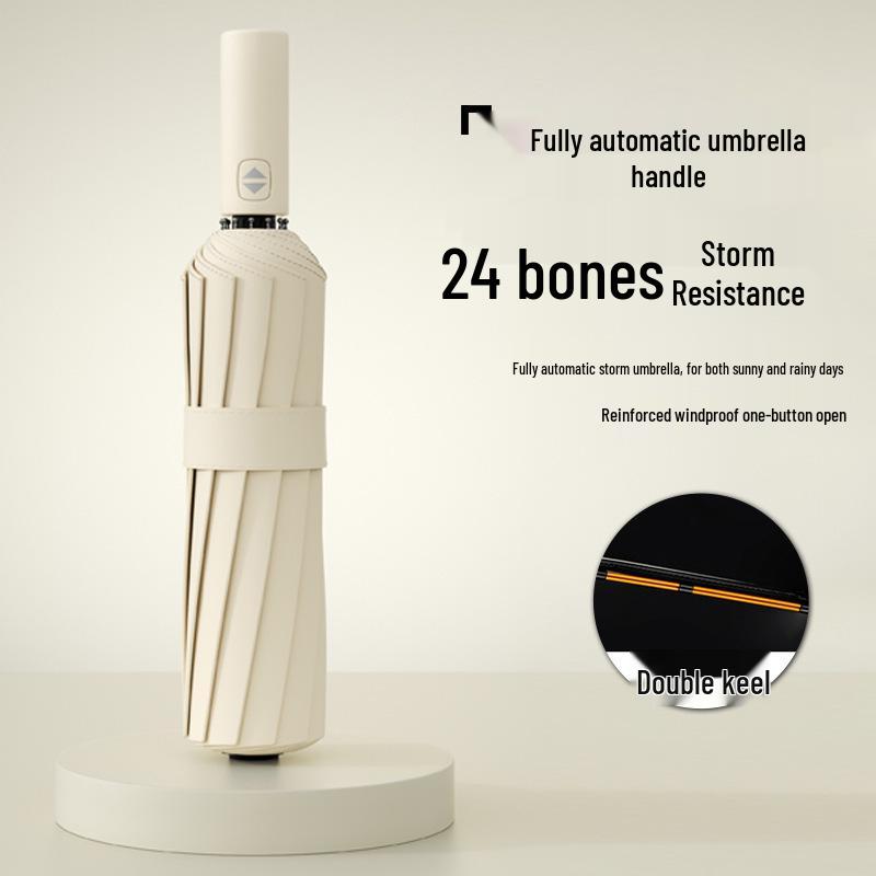 Vollautomatischer dreifach faltbarer UV-Schutz-Schirm mit schwarzem Kleber und Logo für Regen oder Sonne