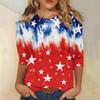 Women's Fashionable Casual Independence Day Flag and Stars Print Neck Three-Quarter Sleeve T-Shirt Top