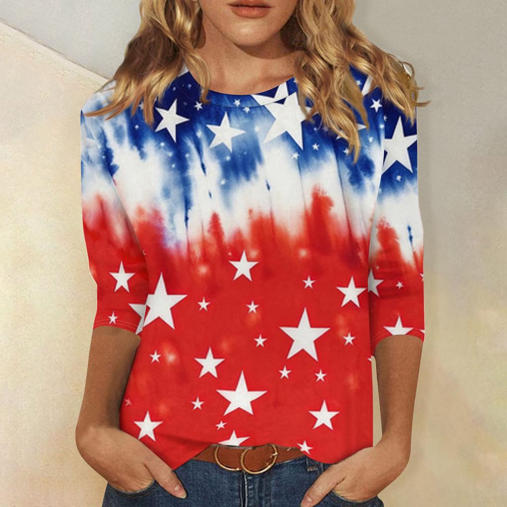 Women's Fashionable Casual Independence Day Flag and Stars Print Neck Three-Quarter Sleeve T-Shirt Top