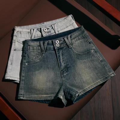Women's High Waist Retro Washed American Style Denim Shorts - Summer Slimming A-line Hot Pants