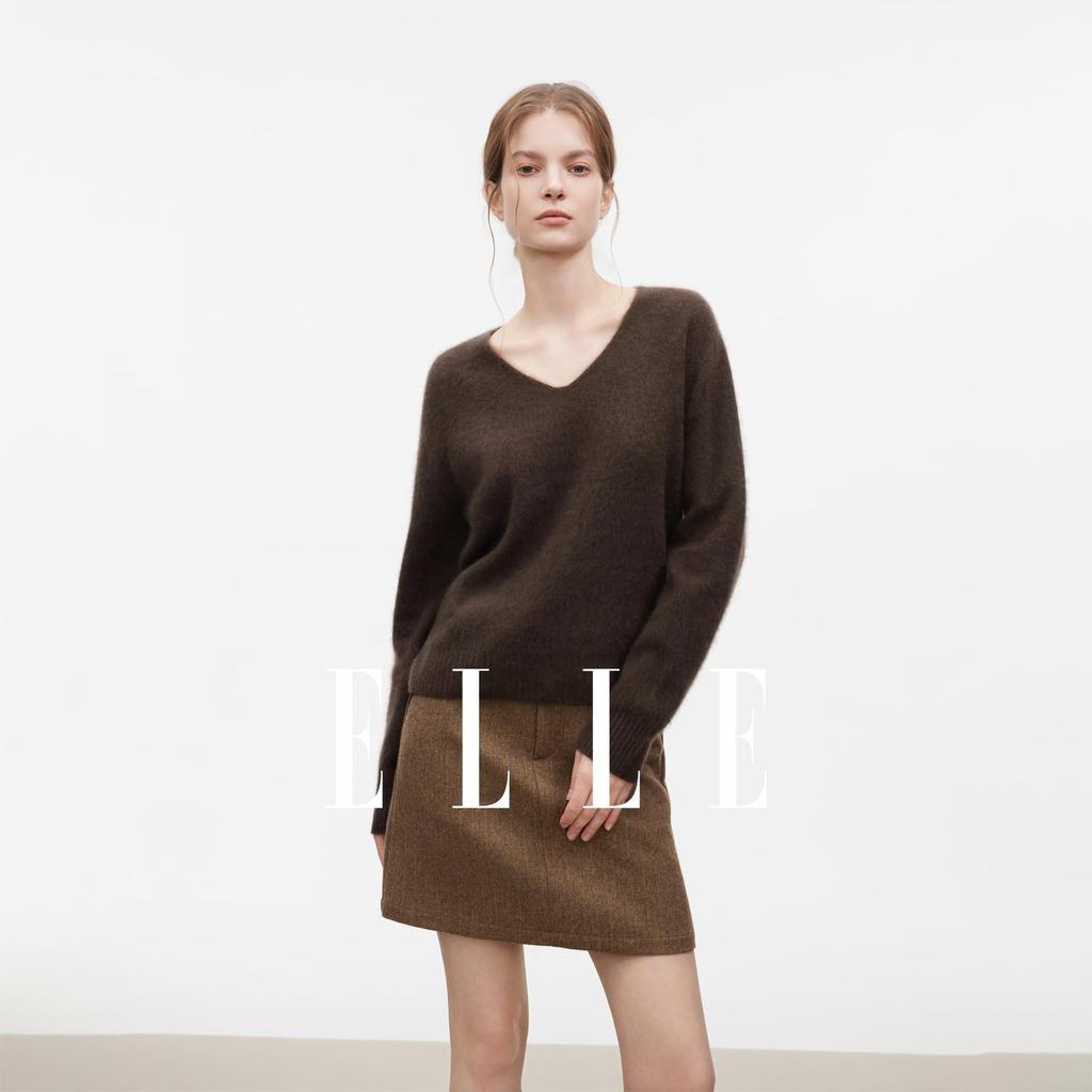 [ELLE] Women's Knit Sweater, V-neck, Wool & Cashmere Blend, Long Sleeves, Relaxed Fit, Elegant, Adult Casual, Brown