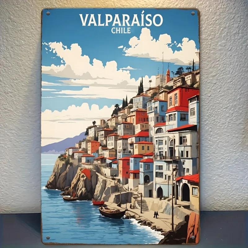 Decorazione Stanza Valparaíso Cile Cartello Metallico Paesaggio Costiero Arte da Parete in Ferro Targhetta Retro Durevole per Casa Ufficio Bar Caffè