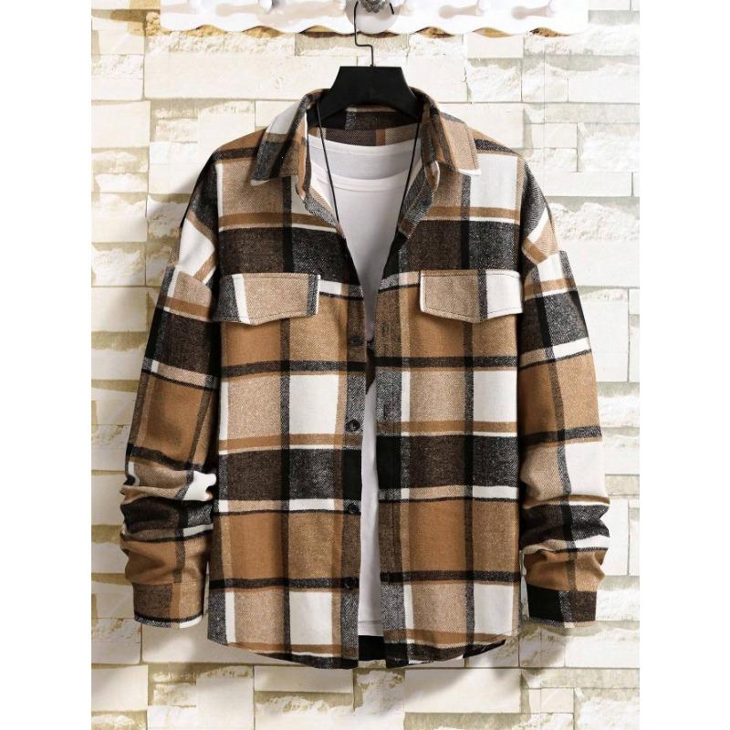 Spring and Autumn New Style Elegant Lapel Checkered Men's Shirt Retro Brushed Casual Long Sleeve Jacket