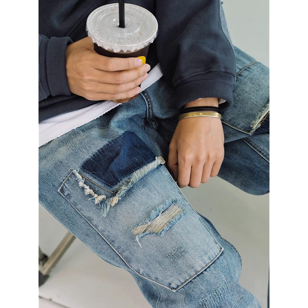 Change Well Men's Vintage Style Straight Casual Denim Pants Blue Size 28 with Distressed Design