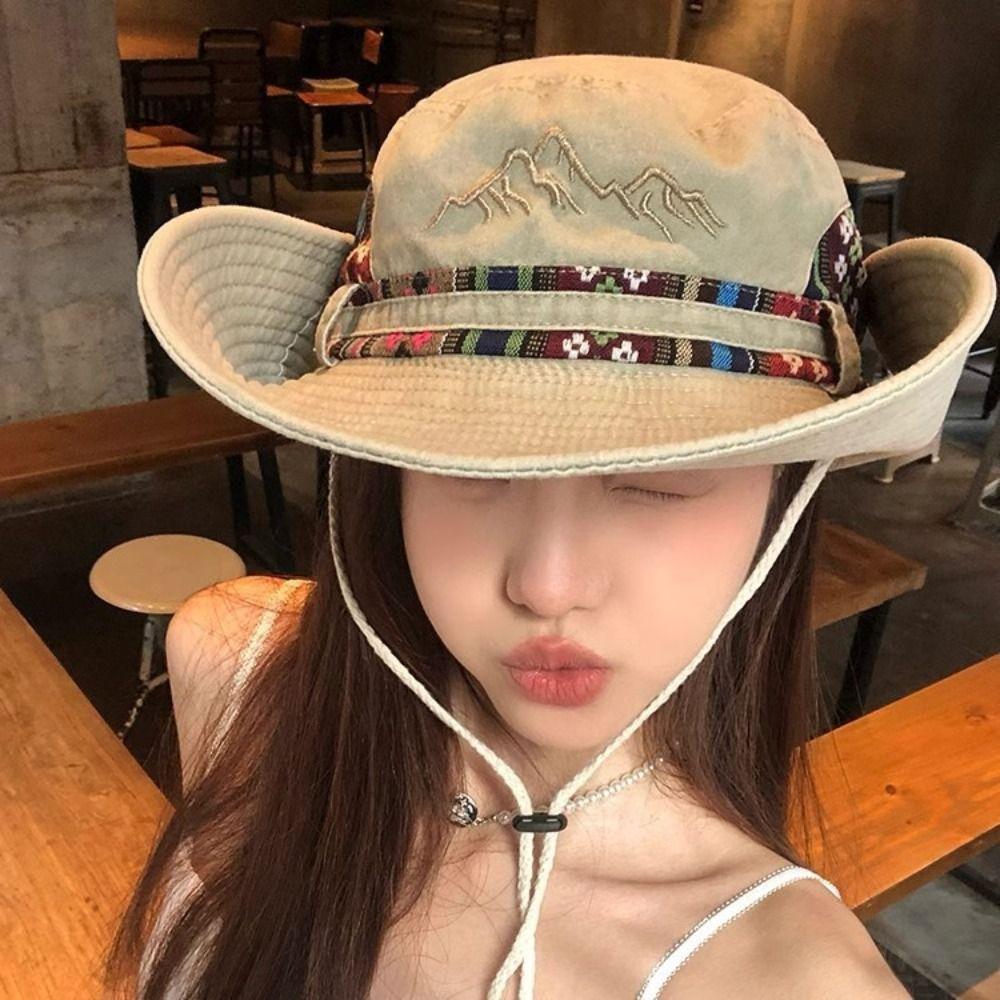 with Windproof Strap Cowboy Bucket Hat Denim fabric Panama Hat Fisherman Cap  for Camping Hiking