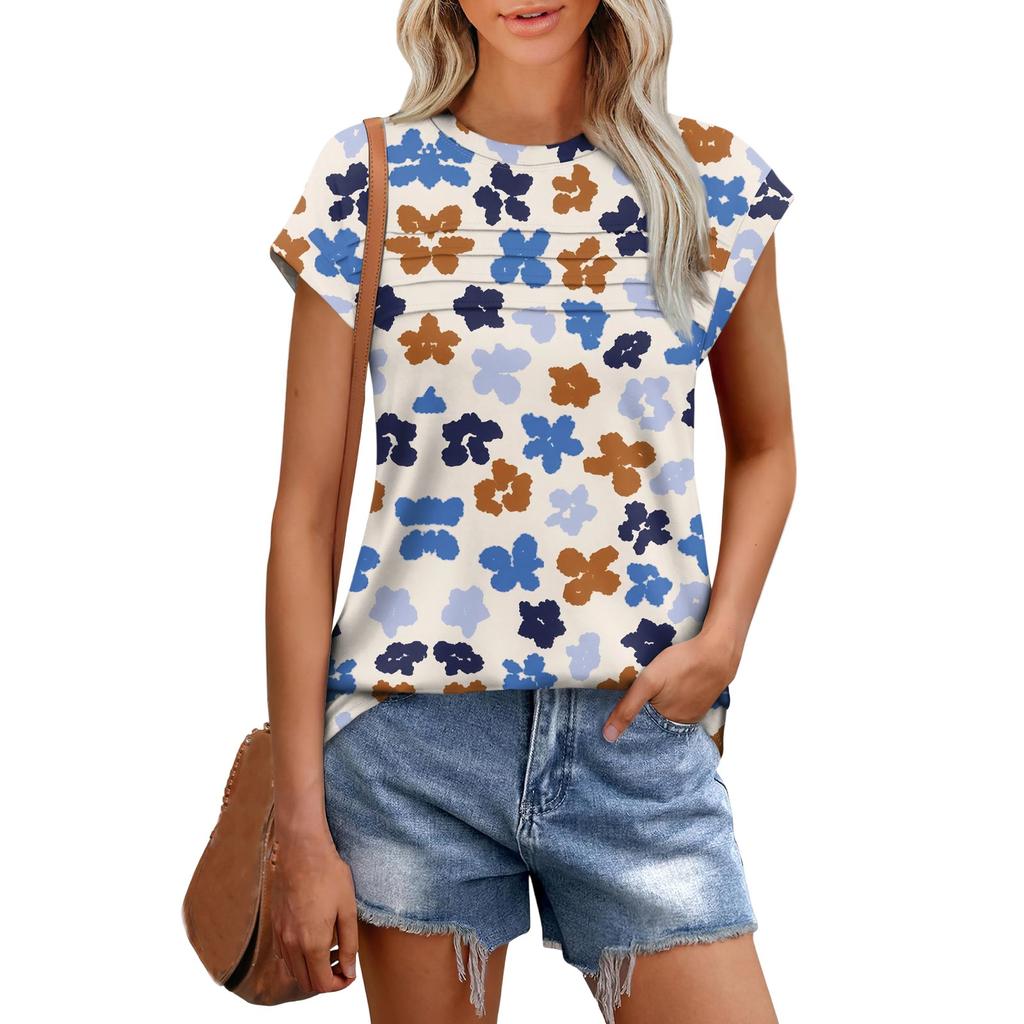 Damenmode Lässig Kurzarm Basic Textur Floral Rundhals T-Shirt Kappenärmel Top