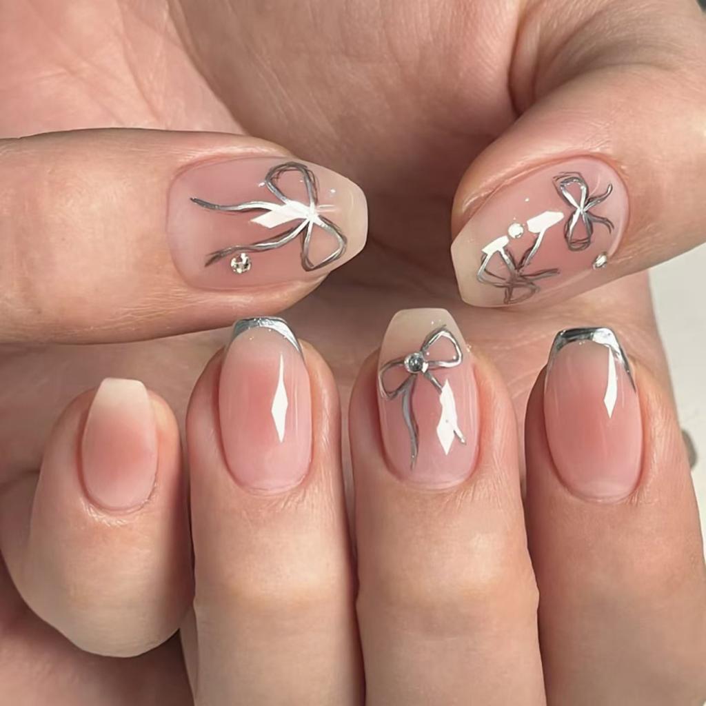 24PCS Short Square False Nails with Glue Wine Red Bow Sweet Polka Dots Patterns Press On Fake Nails Simple Design Hot Girl Nails