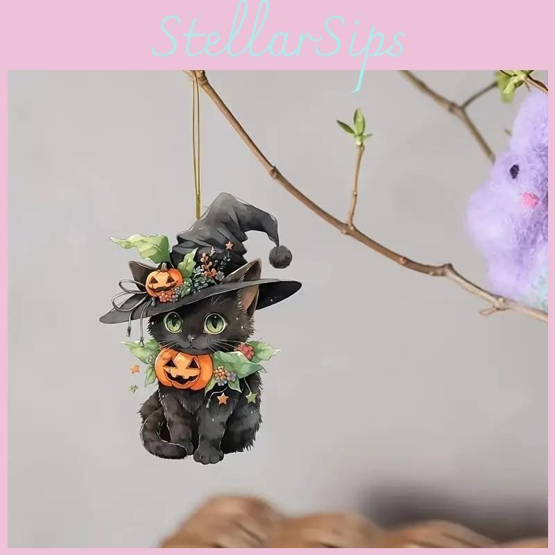 Flat Acrylic Surface Pendant With Halloween Cat Pumpkin Design For Decor Auto