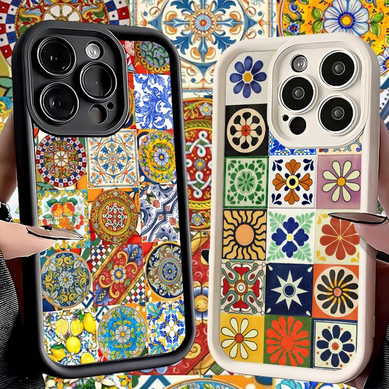Phone Case for iPhone 17 Air 16E 15 16 Pro Max Italian Sicilian Style Floral Pattern Cover 14 Plus 13 12 Mini Soft Shell Silicon