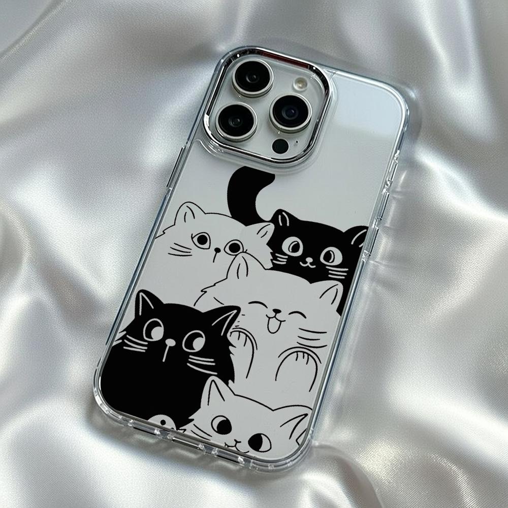 

Чехол для телефона с милым модным узором, кошка, черно-белый, для iPhone 17 16 15 14 13 12 Pro Max Plus, гальванизированный прозрачный чехол iPhone 11 Pro Max