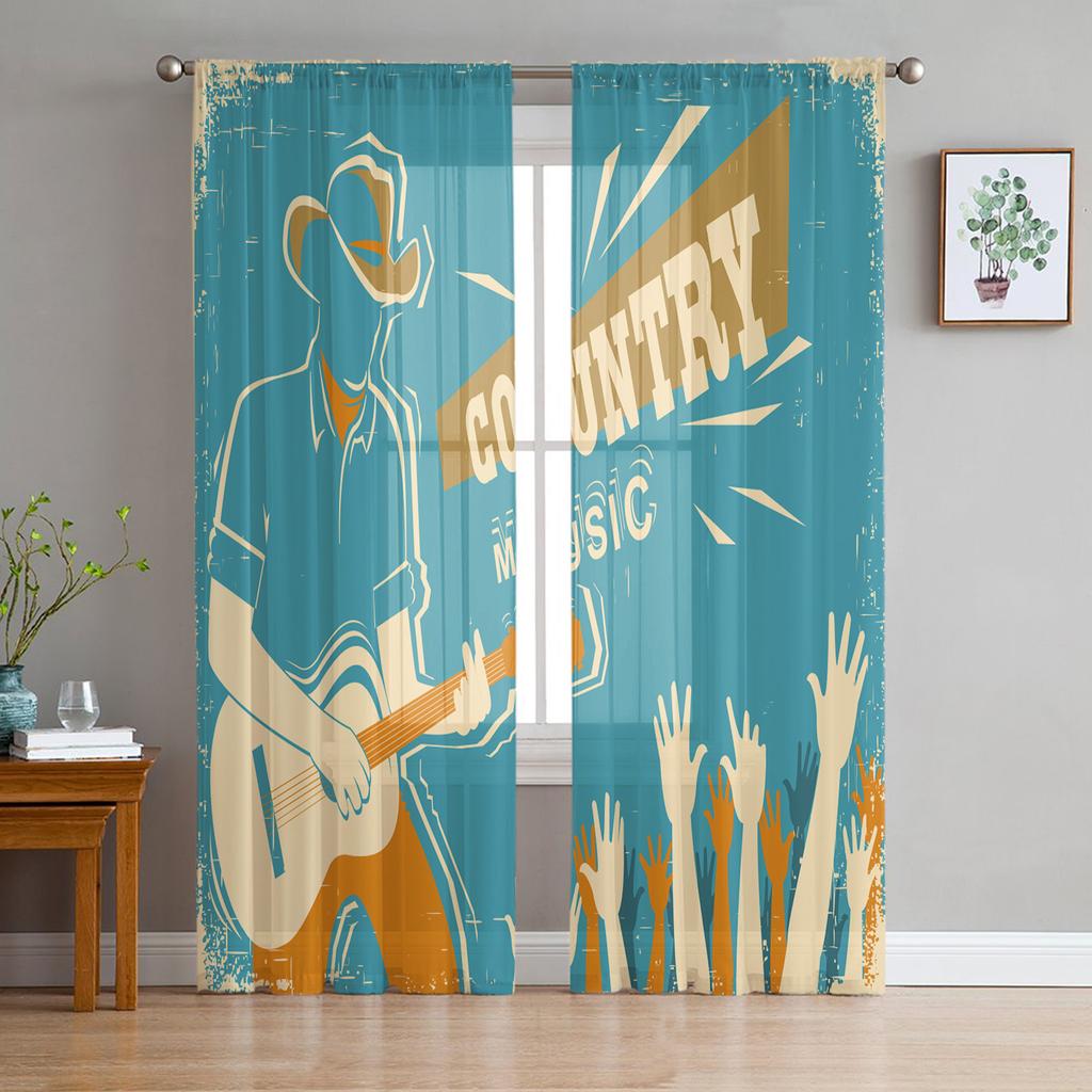 Retro Music Poster With Vinyl Gramophone Chiffon Sheer Curtains for Living Room Bedroom Window Curtain Voiles Tulle Cortinas