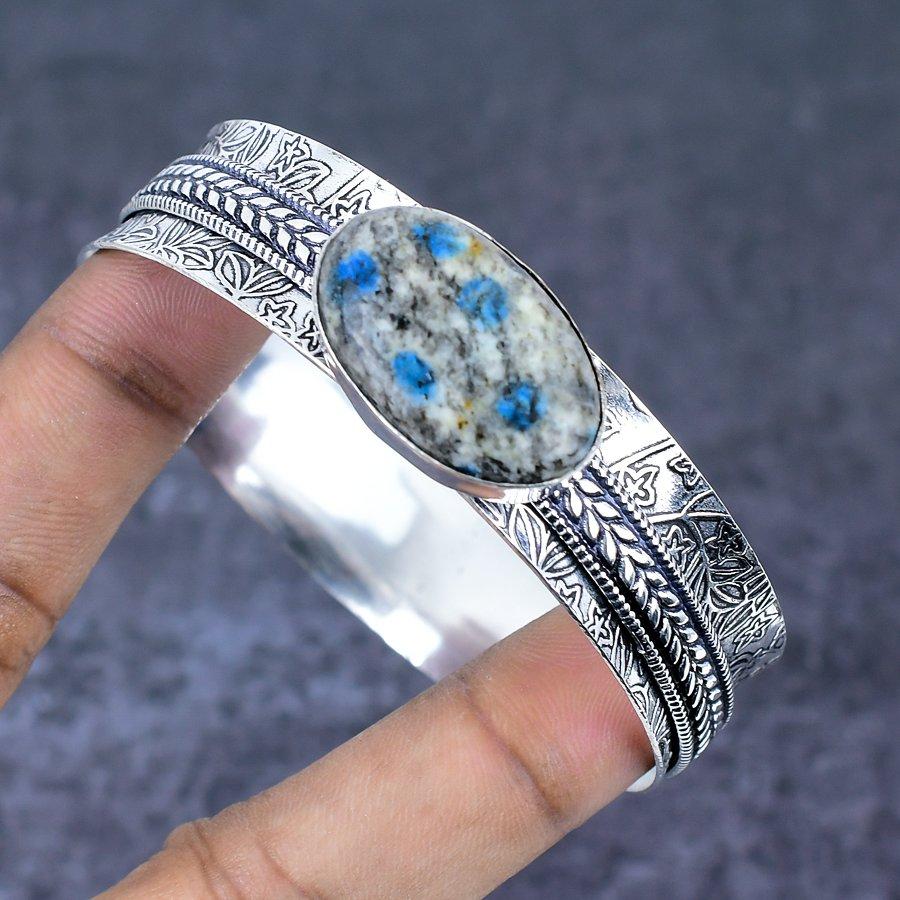 K2 Blue Azurite Gemstone Handmade 925 Sterling Silver Cuff Bangle 7.5" A7K91
