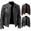 Autumn Winter Men Stand Collar Zipper Faux Leather Motorcycle Jacket Short Coat