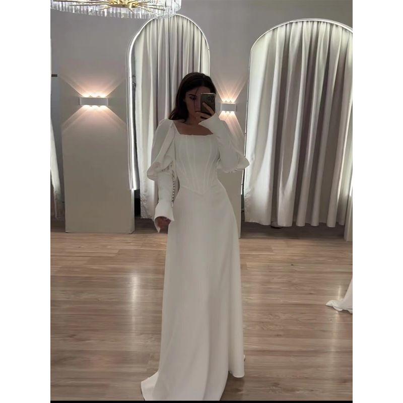 Fashion New Arrival Long Sleeves Waist-Tight Square Collar Dress Waist Collection Square Neck Dress