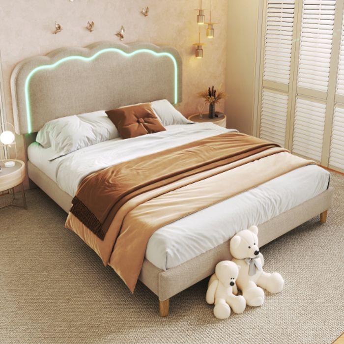 Lit Double - MUVOE - 140 X 200 Cm - Tête De Lit Réglable - LED - Beige En Lin