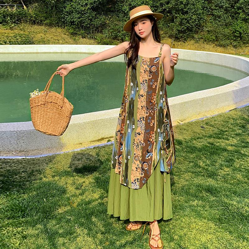 Bohemian sweet flower print suspender dress women's Yunnan Dali vacation ethnic style dress super fairy summer