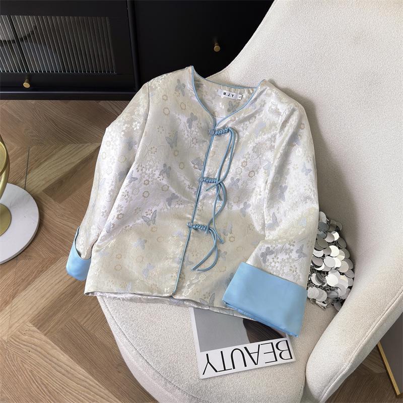 

Luxury Plus Size Silk Jacquard Jacket with Tassel & Frog Button Medium синій
