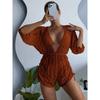 Long Sleeve Mesh Girdle One-Piece Swimsuit Women's High Waist Printed Drawstring Bikini High Waist Skinny
