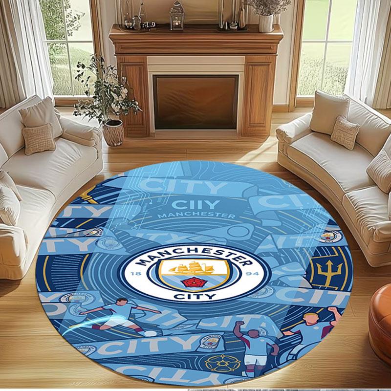 Okrągły dywan z nadrukiem Manchester City FC, Zmywalny dywanik podłogowy, Do przedpokoju, akademika, pralni, biura, gabinetu, Dekoracja domu, Prezent urodzinowy, świąteczny