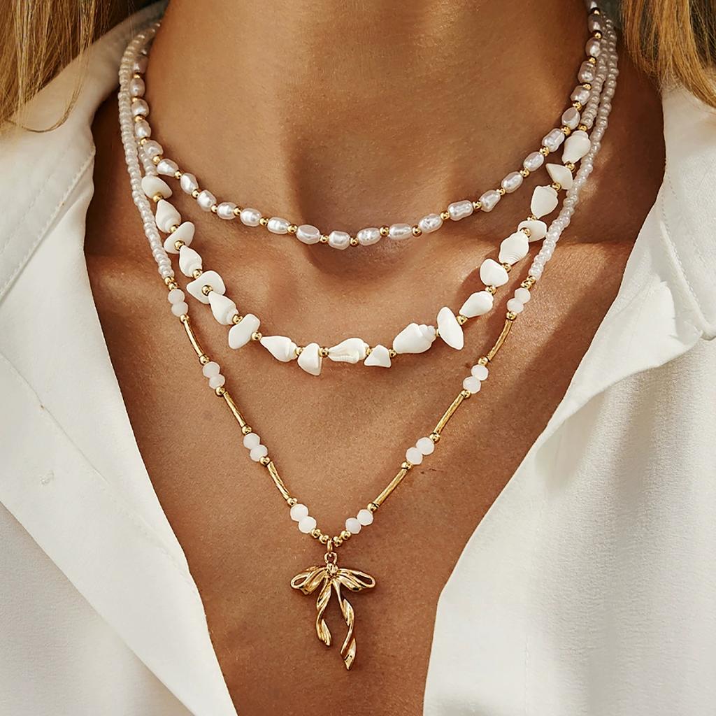 4Pcs/set Bohemia Fishtail Bow Pendant Necklace Women Y2K Exquisite Pearl Handmade Beaded Chokers Neck Chain New Jewelry