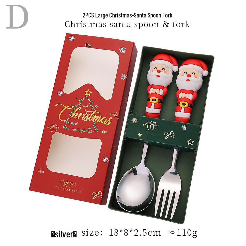 Reindeer Cartoon Christmas Spoon & Fork Set - Cute Stainless Steel Gift in Color Box