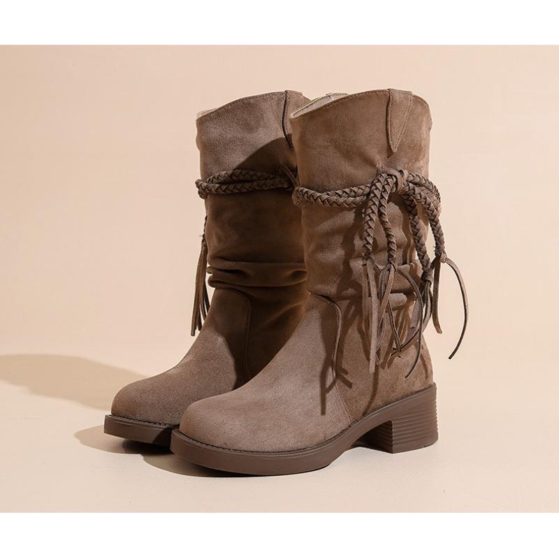 Vintage Fringed Knight Boots Women's Medium Tube Thick Heel Autumn New Matte Knight Boots Women