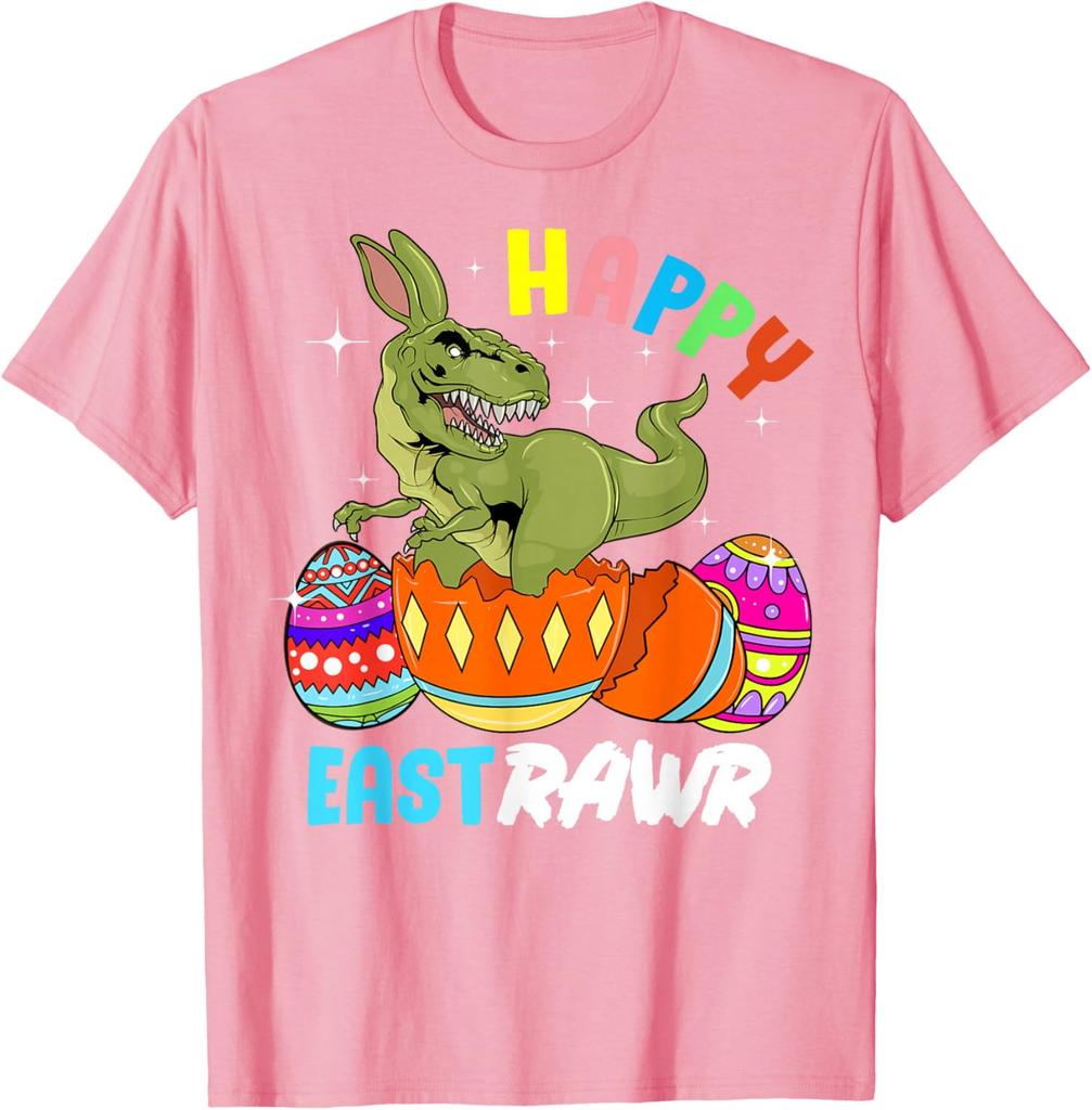 Happy Eastrawr Dinosaur Bunny Easter Egg Graphic Tee Cool Men's Casual Cotton T-Shirt