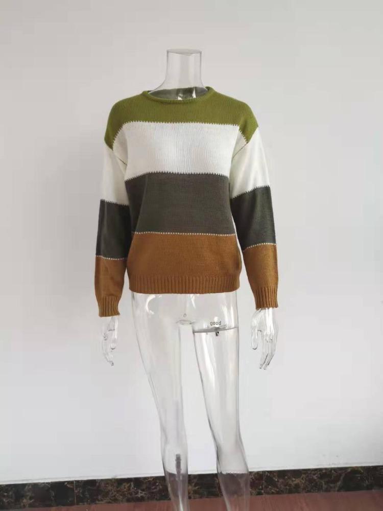 Women Casual Striped Knit Sweater Long Sleeve Round Neck Pullover Autumn Winter